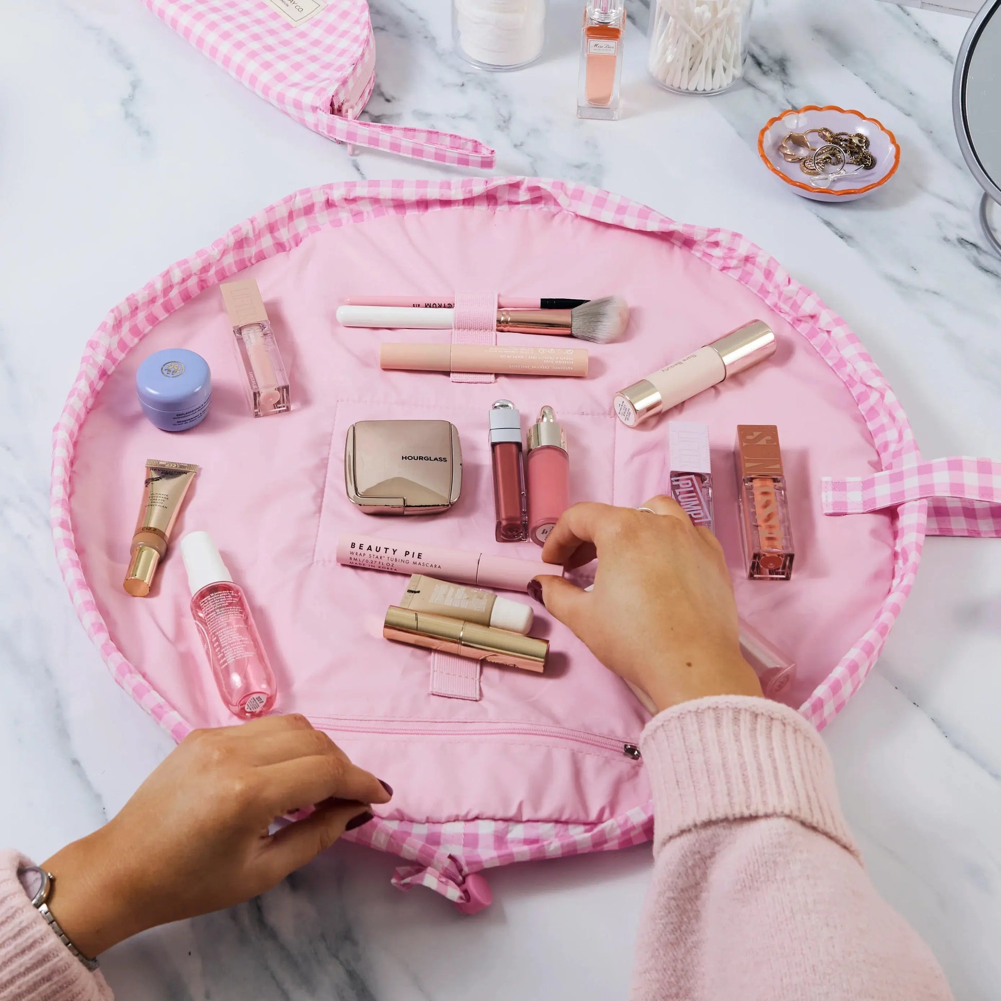 Parachute Drawstring Flat Lay Makeup Bag | Pink Gingham The Flat Lay Co.