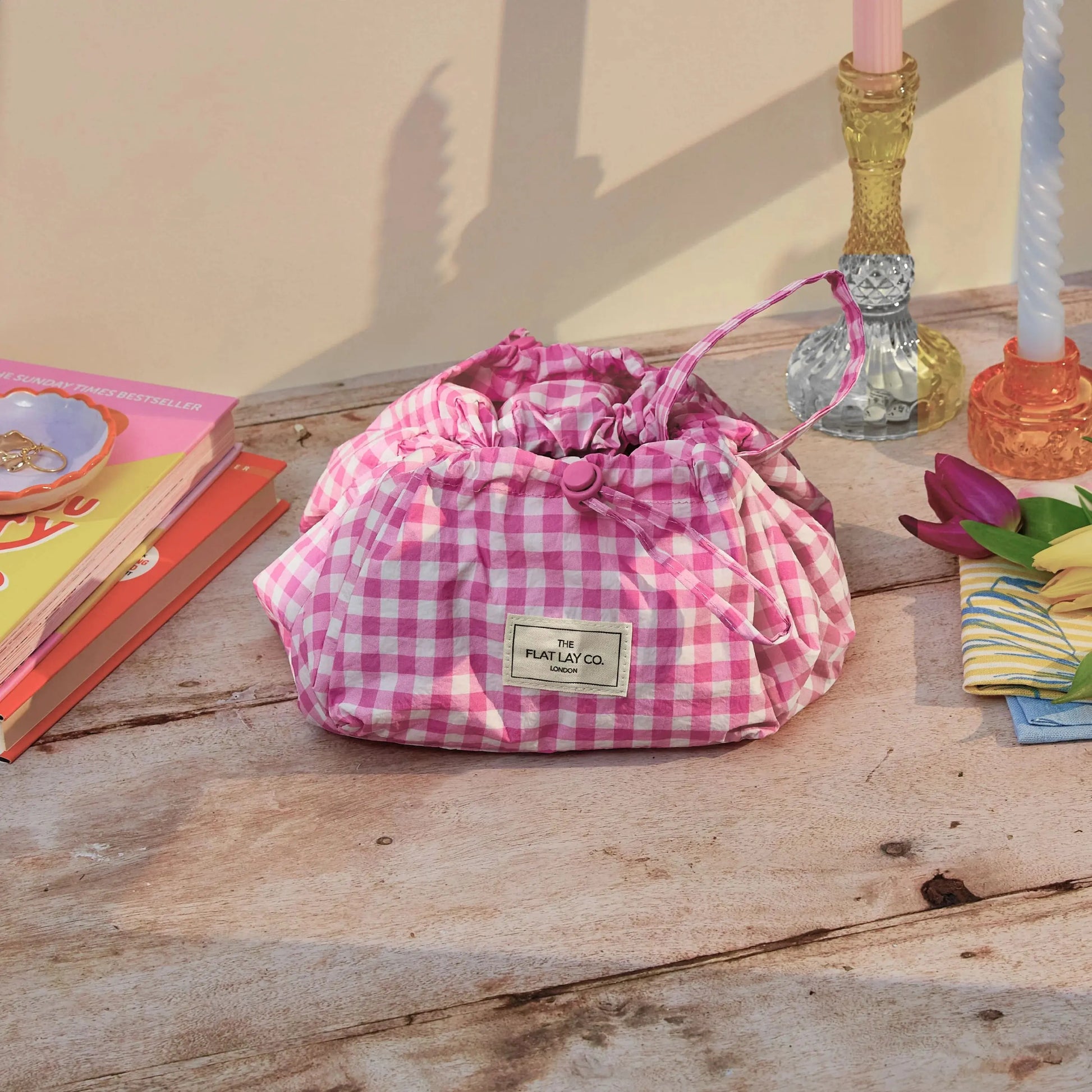 Parachute Drawstring Flat Lay Makeup Bag | Pink Gingham The Flat Lay Co.