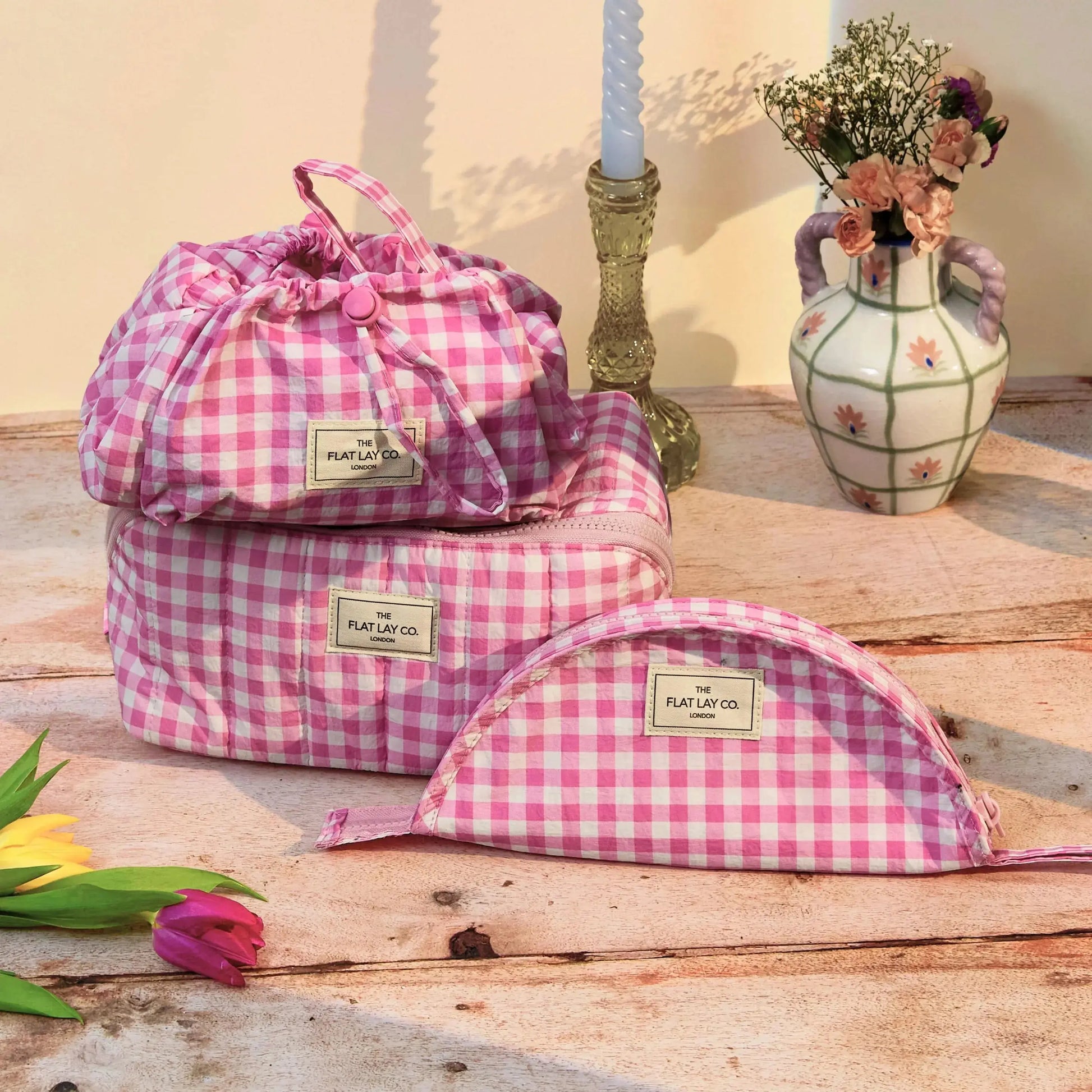 Parachute Drawstring Flat Lay Makeup Bag | Pink Gingham The Flat Lay Co.