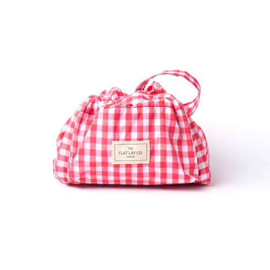 Parachute Drawstring Flat Lay Makeup Bag | Red Gingham The Flat Lay Co.