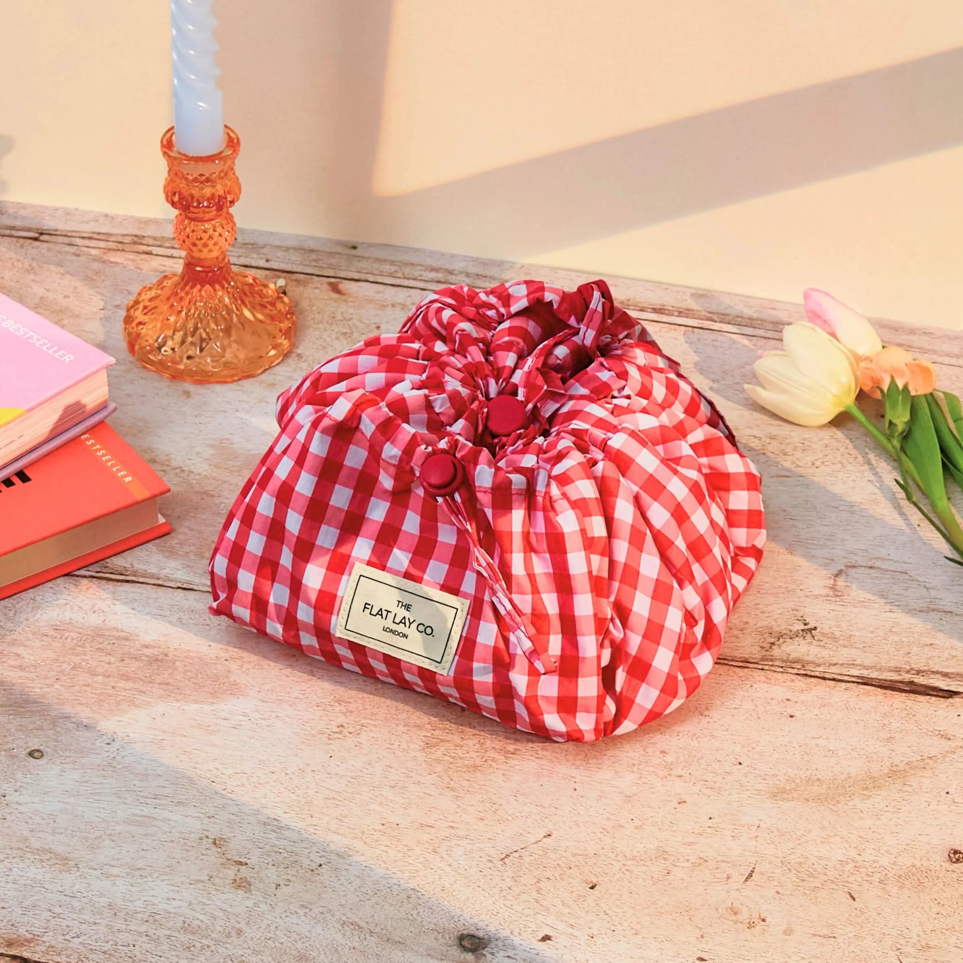 Parachute Drawstring Flat Lay Makeup Bag | Red Gingham The Flat Lay Co.