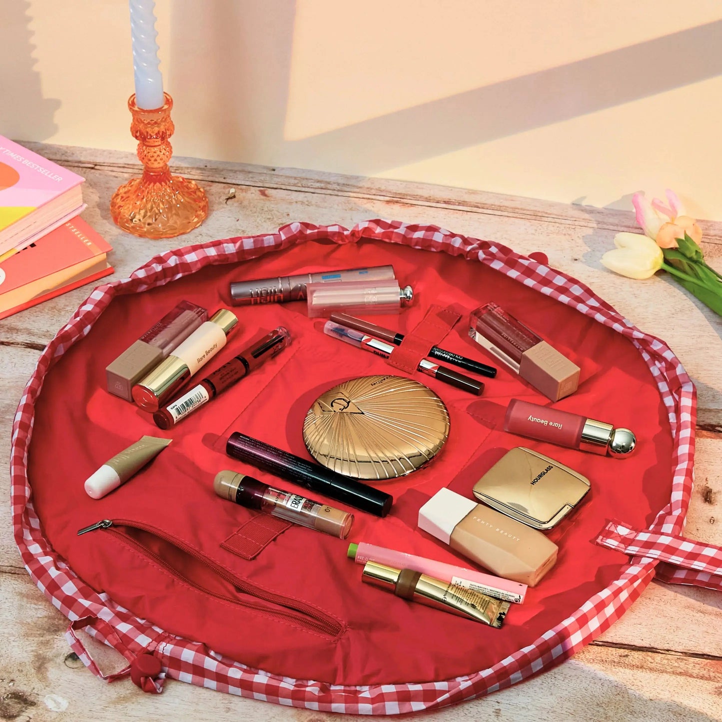Parachute Drawstring Flat Lay Makeup Bag | Red Gingham The Flat Lay Co.