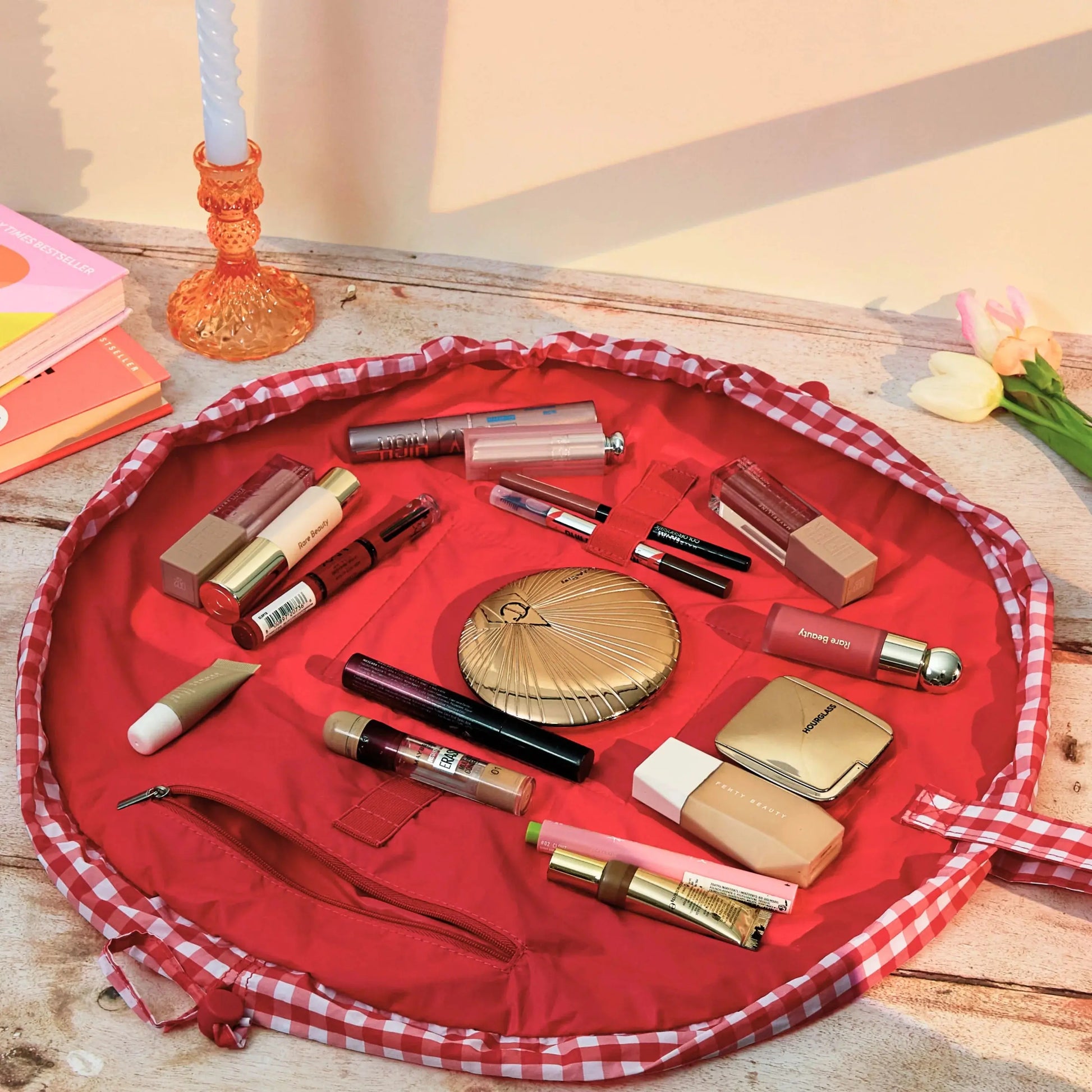 Parachute Drawstring Flat Lay Makeup Bag | Red Gingham The Flat Lay Co.