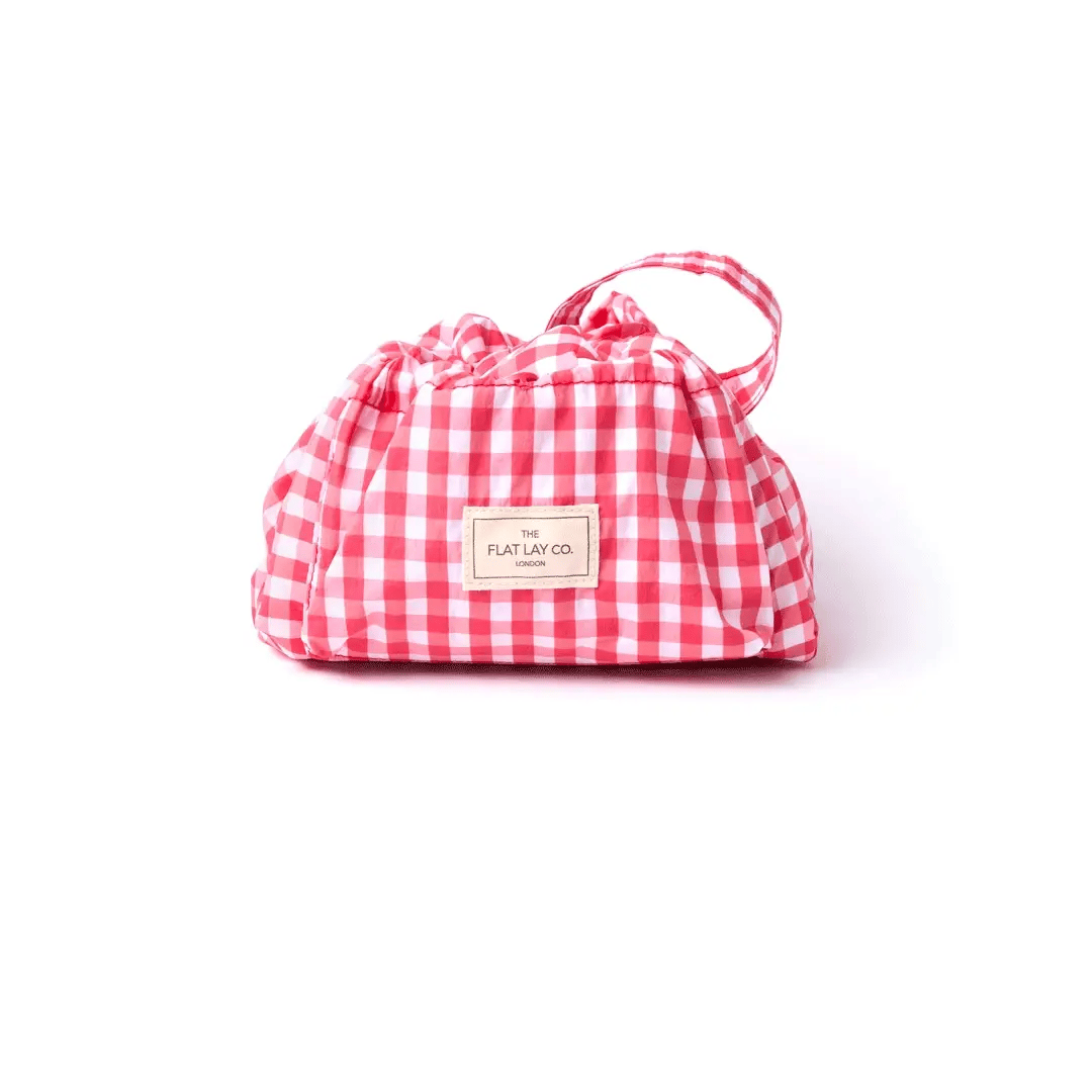Parachute Drawstring Flat Lay Makeup Bag | Red Gingham The Flat Lay Co.