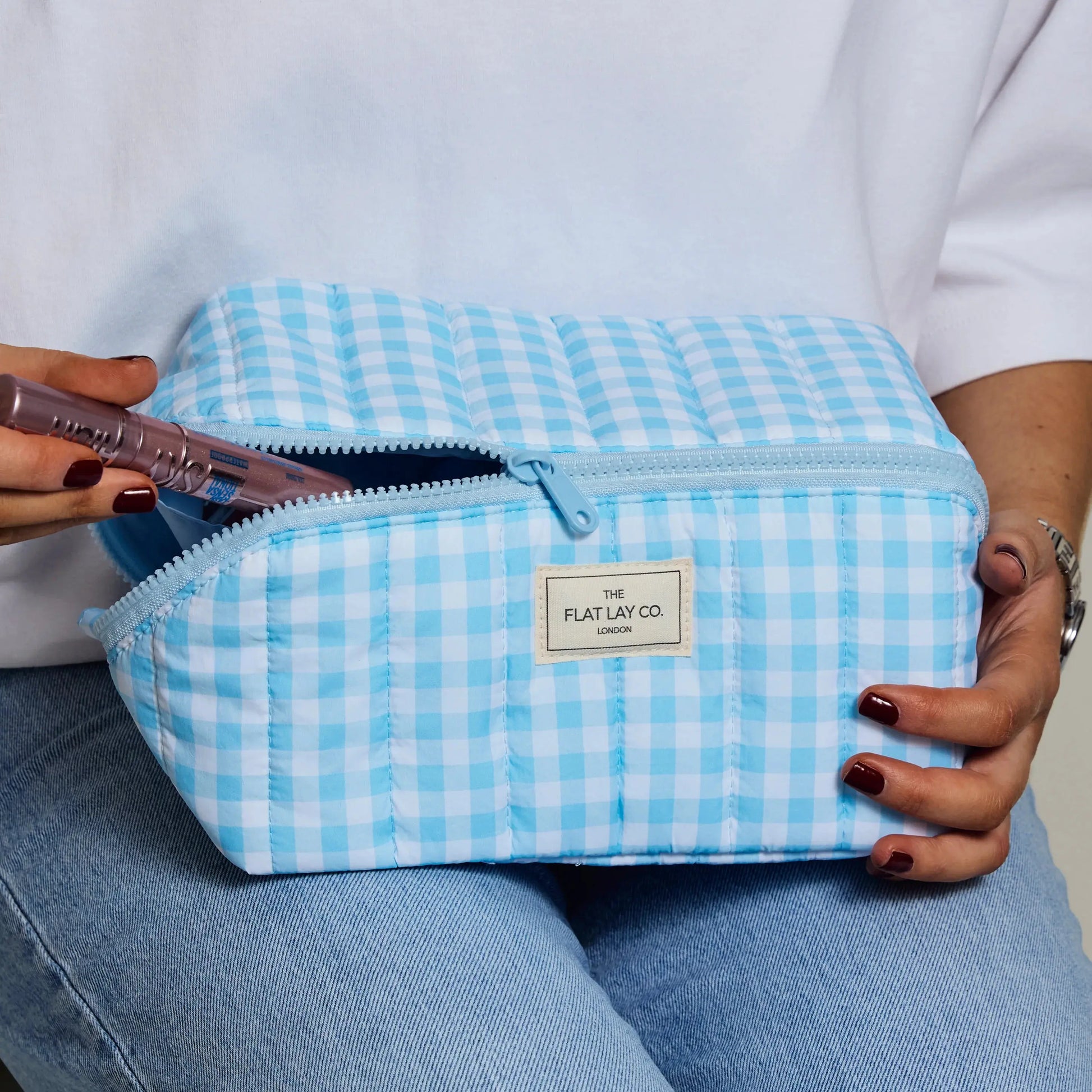Marshmallow Flat Lay Makeup Box Bag | Blue Gingham The Flat Lay Co.